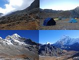 12 01 Trail From Hongu Valley To Kongme Dingma Camp, Peak 41 South Face And Chamlang West Face From Ridge Above Kongme Dingma The trail follows the Hongu River and then and traverses up towards the Mera La, taking 1:55 to trek from our lunch stop to our camp at Kongme Dingma (4700m), a wide, flat and grassy spot with a few shops and a huge boulder. The next morning, the trail continues climbing for 65 minutes up an easy hill to the its crest with views of the south ridge at the end of Peak 41, Baruntse, P6770, Makalu, Kongme Dingma, and Chamlang.